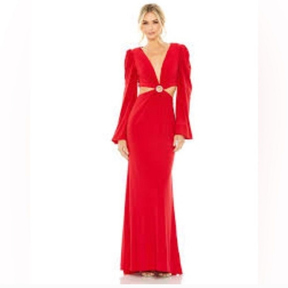MAC DUGGAL LEENA 26727 red Cutout Waist Puff Sleeve maxi Dress size 8 NWT